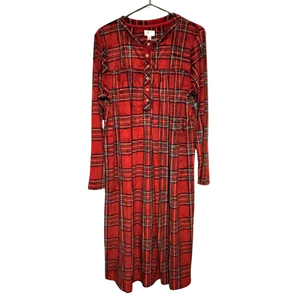 Aria Collection Velour Nightgown Red Tartan Plaid Long Sleeve Womens Size Large